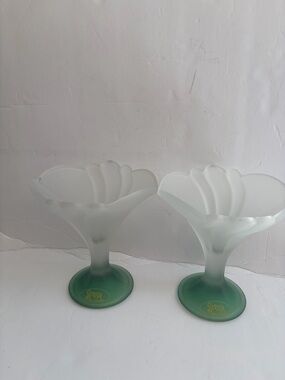 Vintage Strega Frosted Glass Green and White Flower Vases (Pair) MCM Grand Mille
